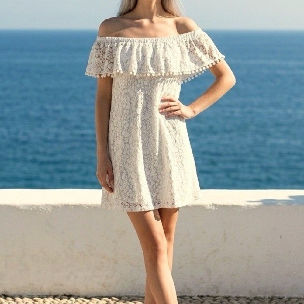 Lily Rose Lace Mini Dress Women Medium White Off Shoulder Bridal Boho Cottage